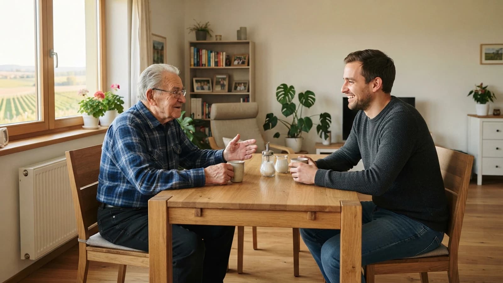 Symbolbild: Senior und Betreuer im Gespräch bei einer Tasse Kaffee in einer Wohnung in Niederösterreich