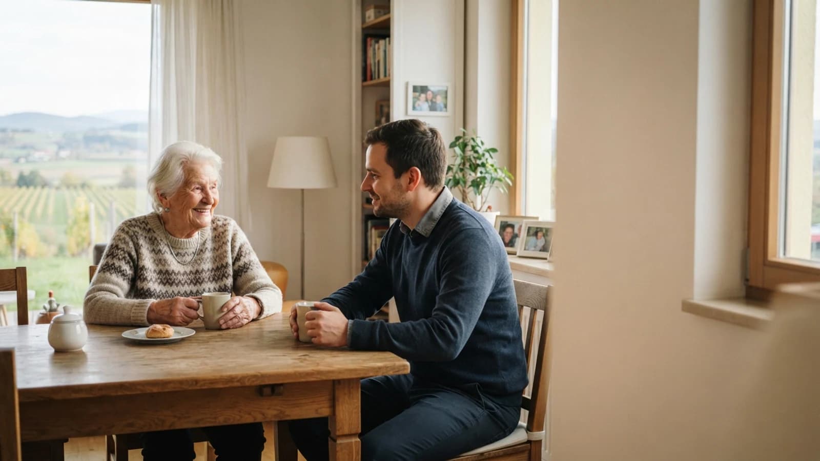 Symbolbild: Seniorin und Betreuer im Gespräch bei einer Tasse Kaffee in einer Wohnung in Amstetten