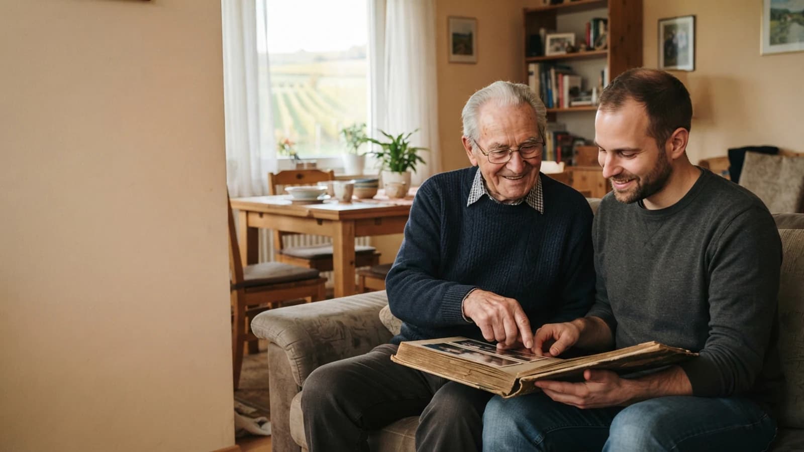 Symbolbild: Senior und Betreuer beim Ansehen eines Fotoalbums in einer Wohnung in Baden