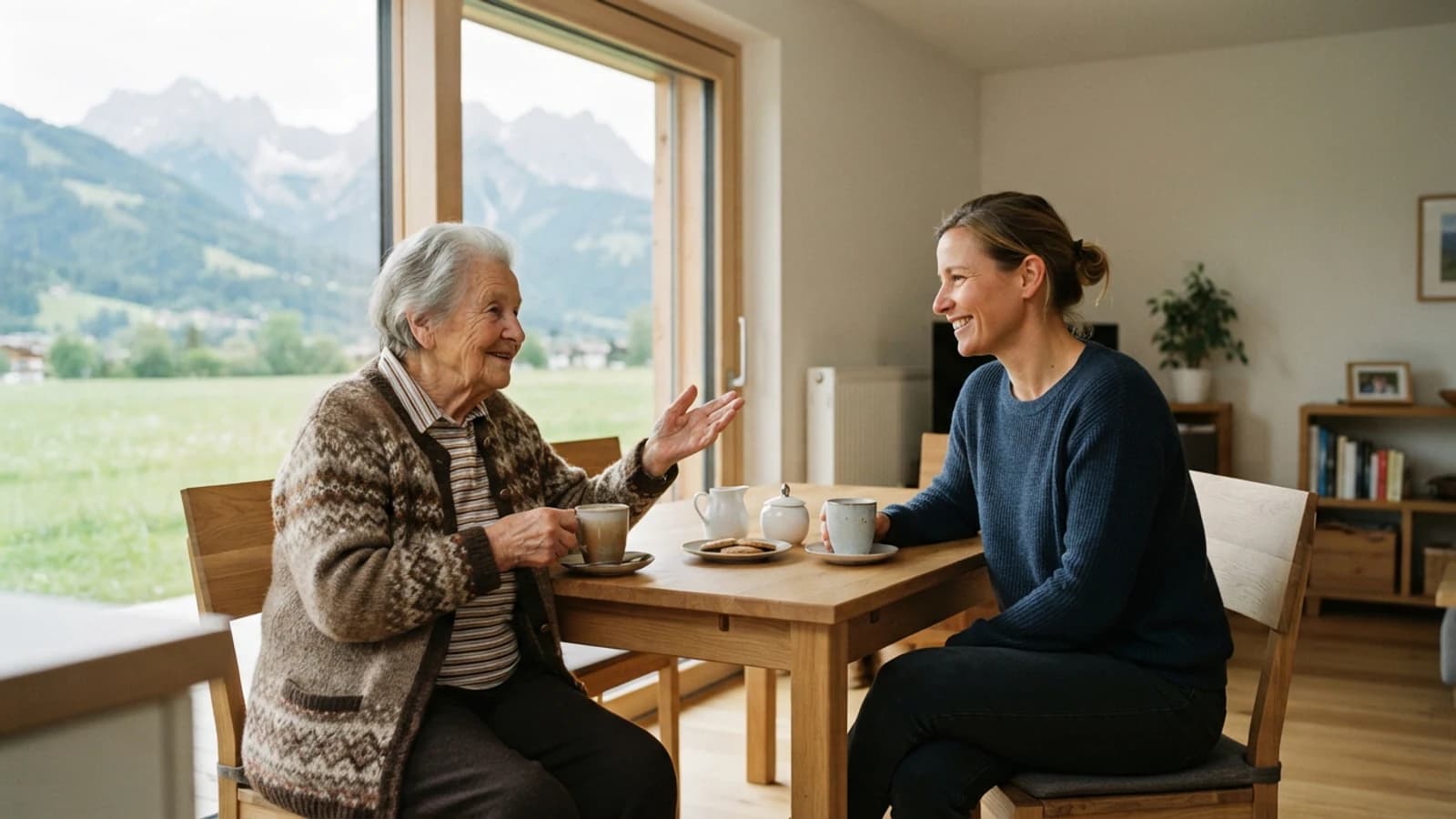 Symbolbild: Seniorin und Betreuerin im Gespräch bei einer Tasse Kaffee in einer Wohnung in Bischofshofen