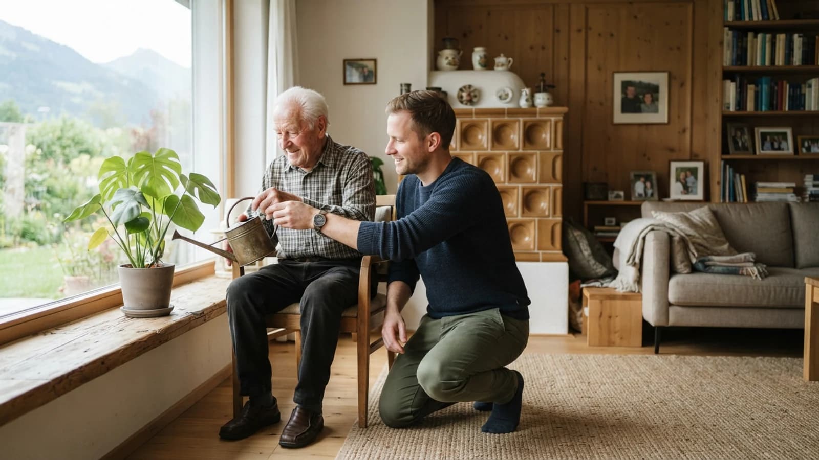 Symbolbild: Senior und Betreuer beim Gießen von Zimmerpflanzen in einer Wohnung in Bludenz