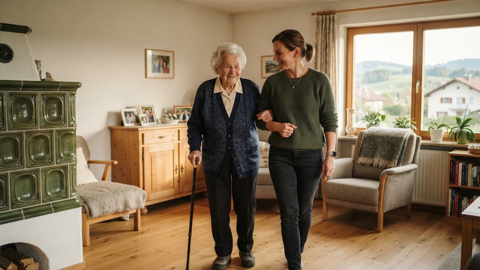 Symbolbild: Seniorin und Betreuerin beim Gehen mit stützendem Arm in einer Wohnung in Braunau am Inn