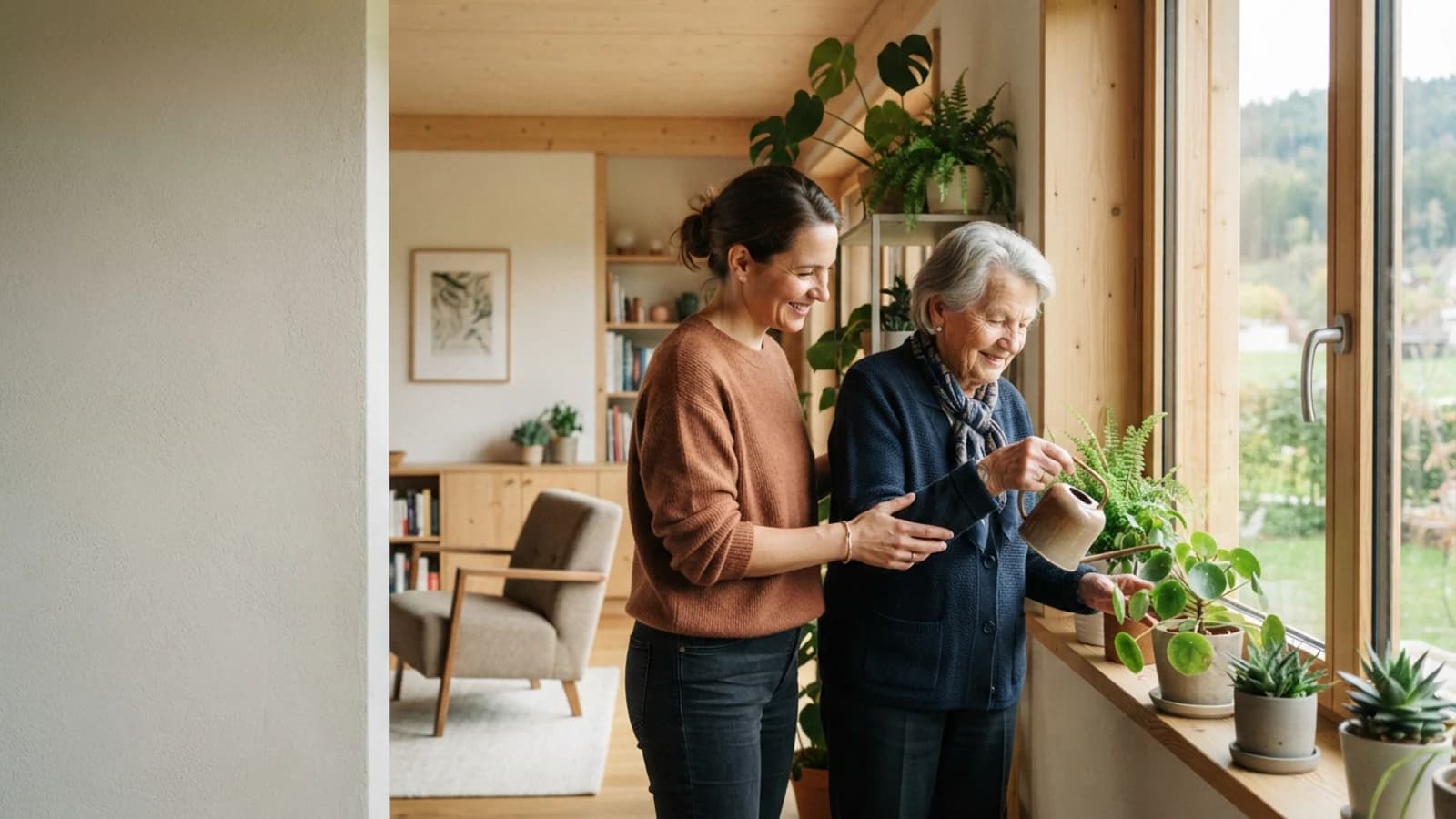 Symbolbild: Seniorin und Betreuerin beim Gießen von Zimmerpflanzen in einer Wohnung in Bregenz
