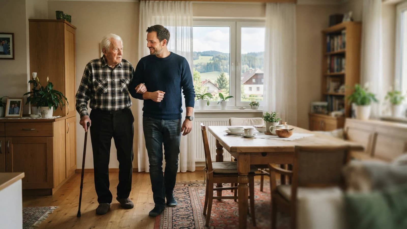 Symbolbild: Senior und Betreuer beim Gehen mit stützendem Arm in einer Wohnung in Bruck an der Mur