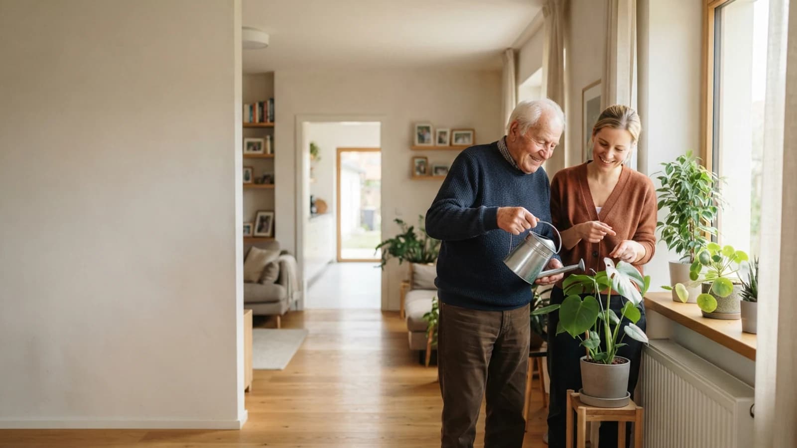 Symbolbild: Senior und Betreuerin beim Gießen von Zimmerpflanzen in einer Wohnung im Burgenland
