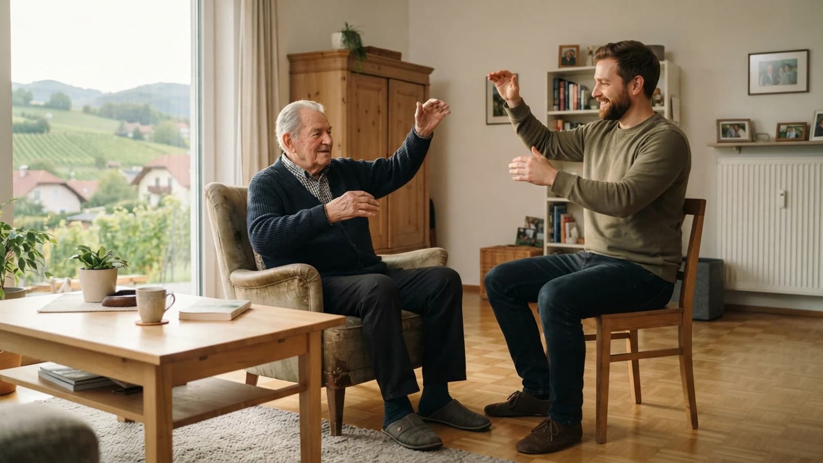 Symbolbild: Senior und Betreuer bei einer leichten Bewegungsübung in einer Wohnung in Deutschlandsberg