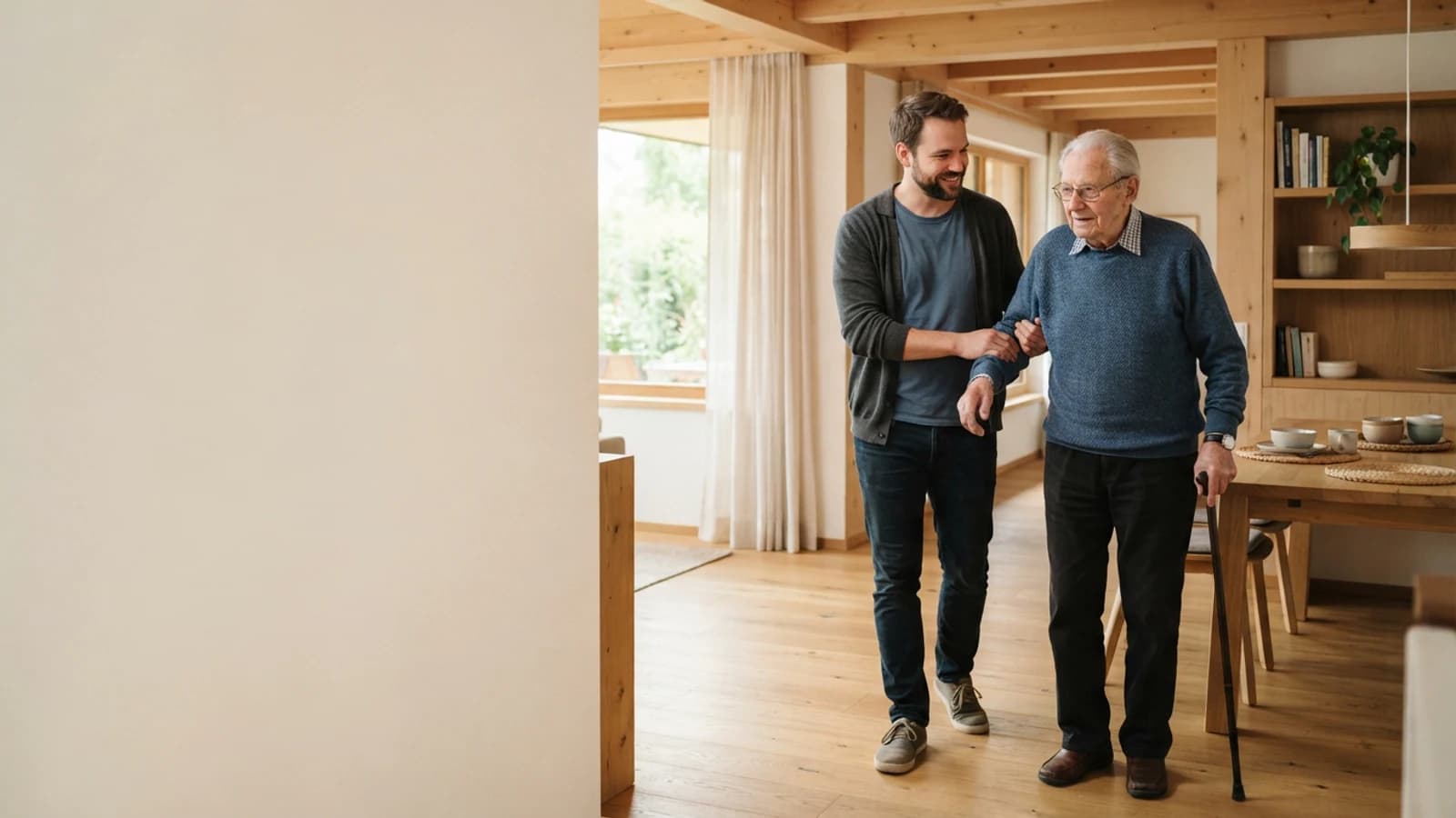 Symbolbild: Senior und Betreuer beim Gehen mit stützendem Arm in einer Wohnung in Dornbirn
