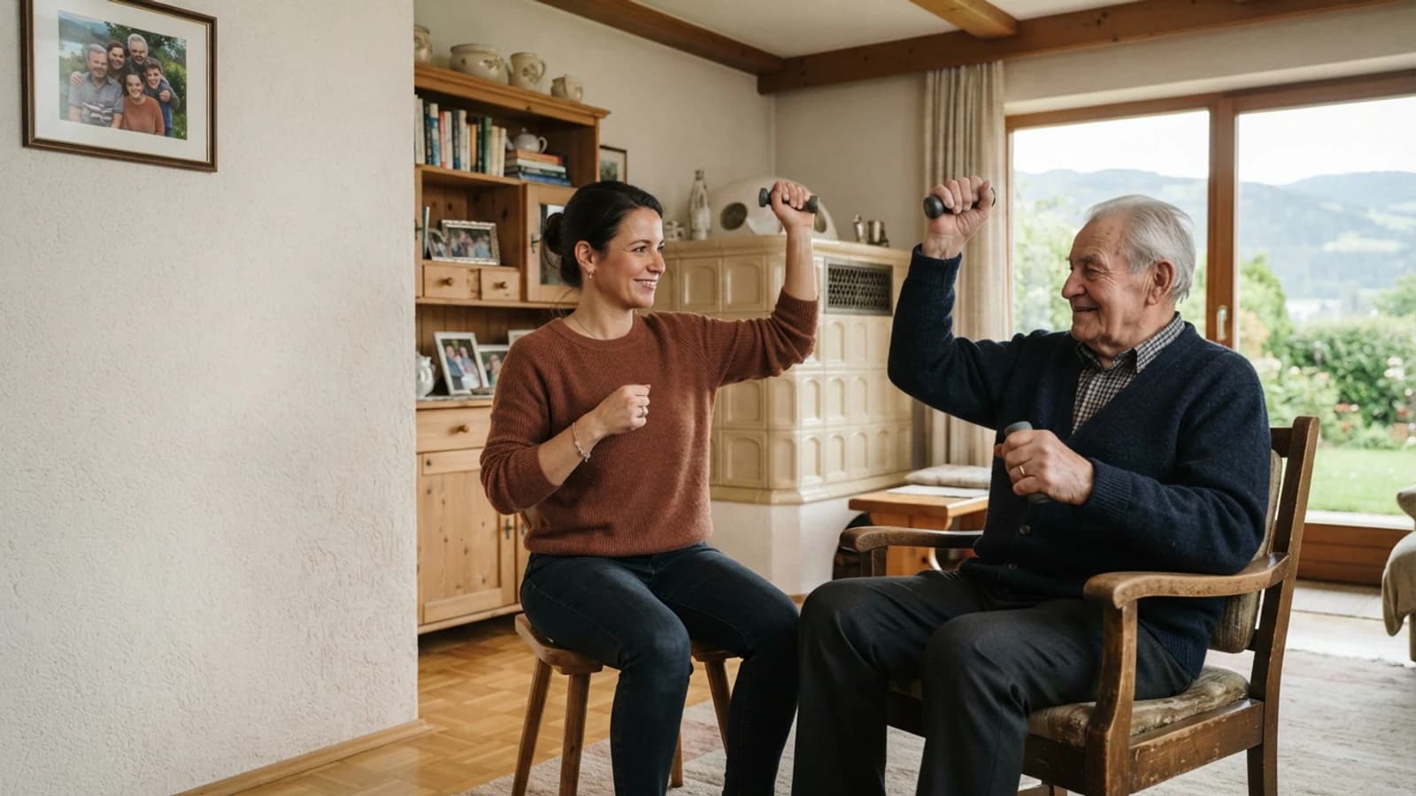 Symbolbild: Senior und Betreuerin bei einer leichten Bewegungsübung in einer Wohnung in Feldkirchen in Kärnten