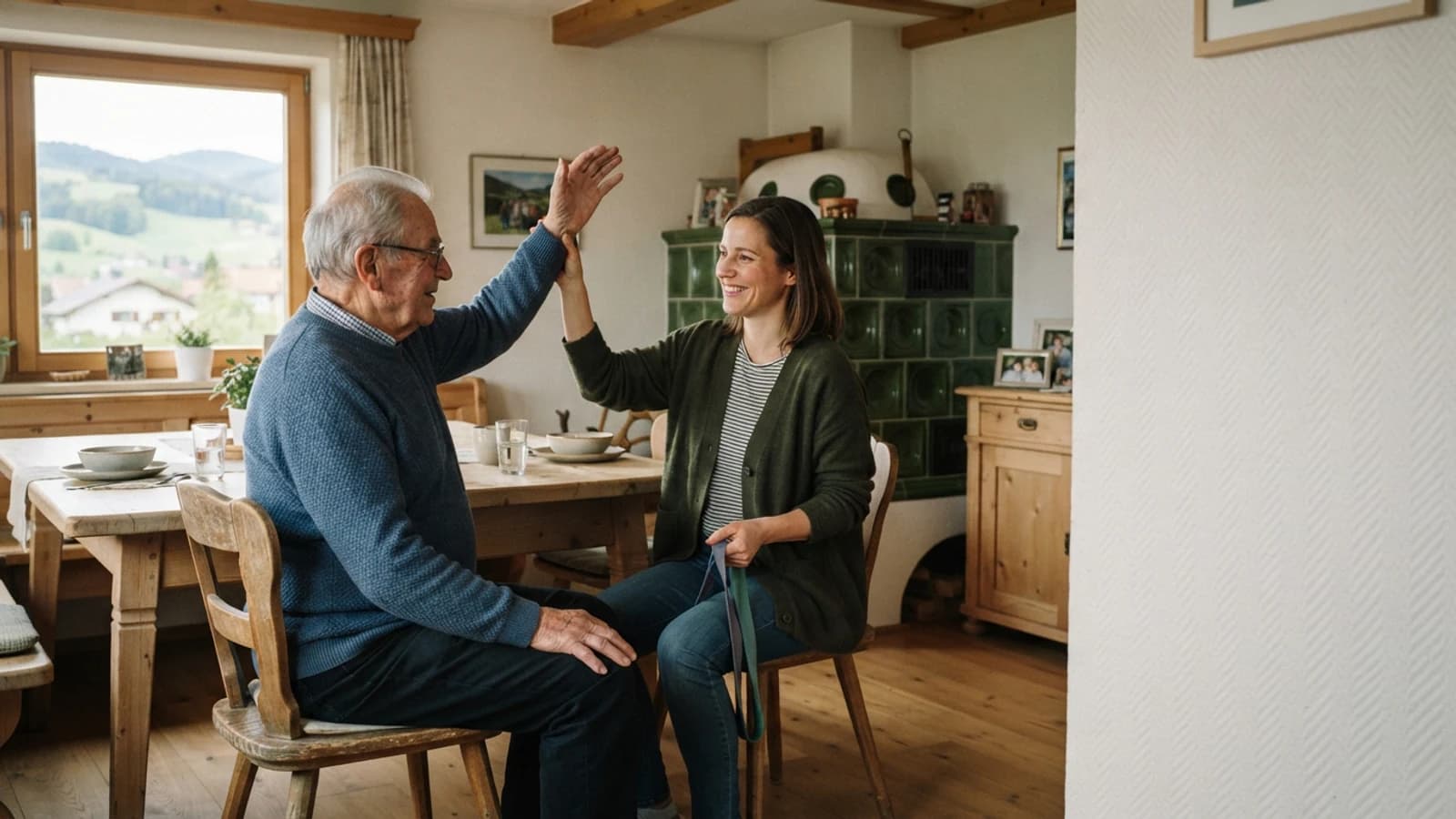 Symbolbild: Senior und Betreuerin bei einer leichten Bewegungsübung in einer Wohnung in Gmunden
