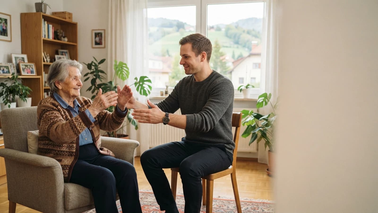 Symbolbild: Seniorin und Betreuer bei einer leichten Bewegungsübung in einer Wohnung in Graz