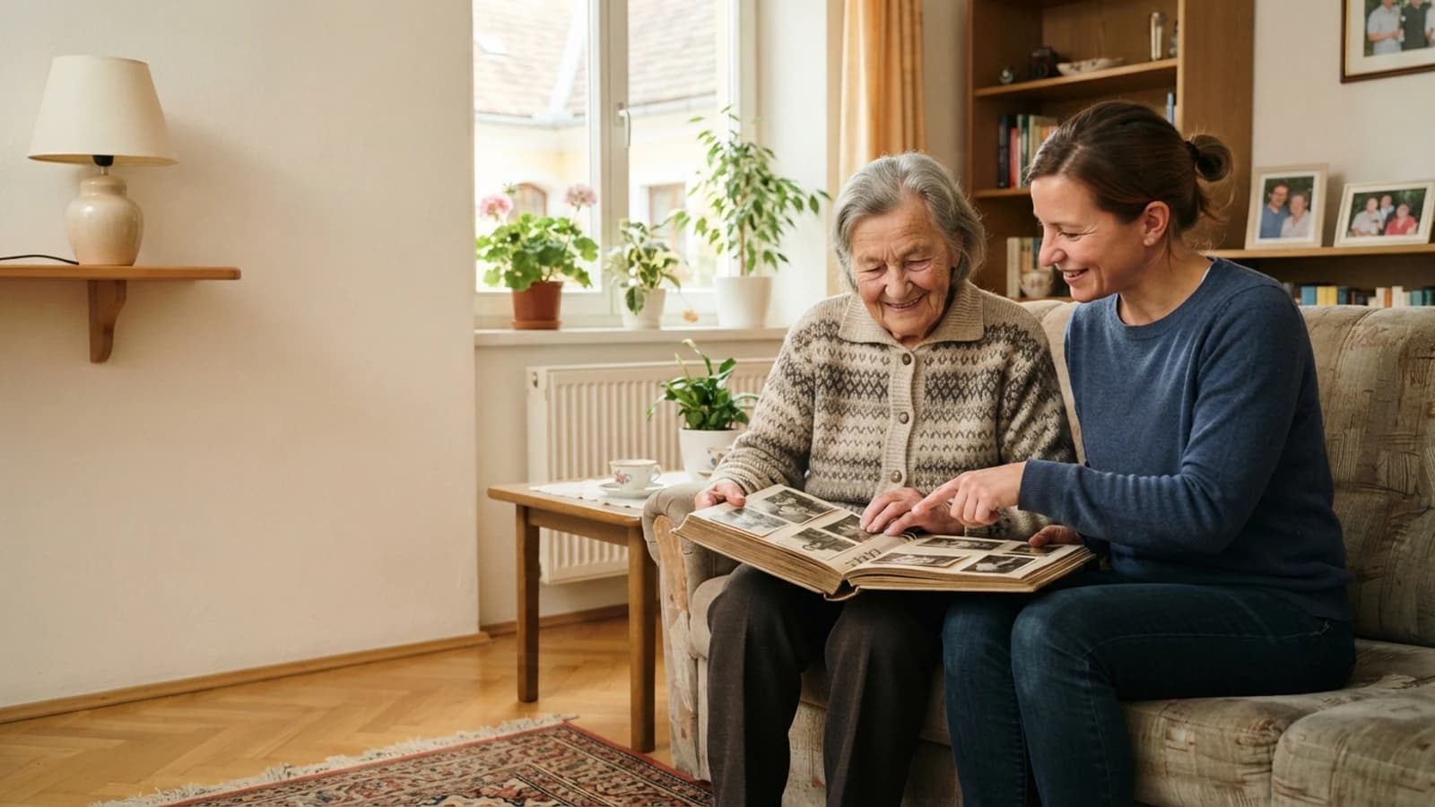 Symbolbild: Seniorin und Betreuerin beim Ansehen eines Fotoalbums in einer Wohnung in Güssing
