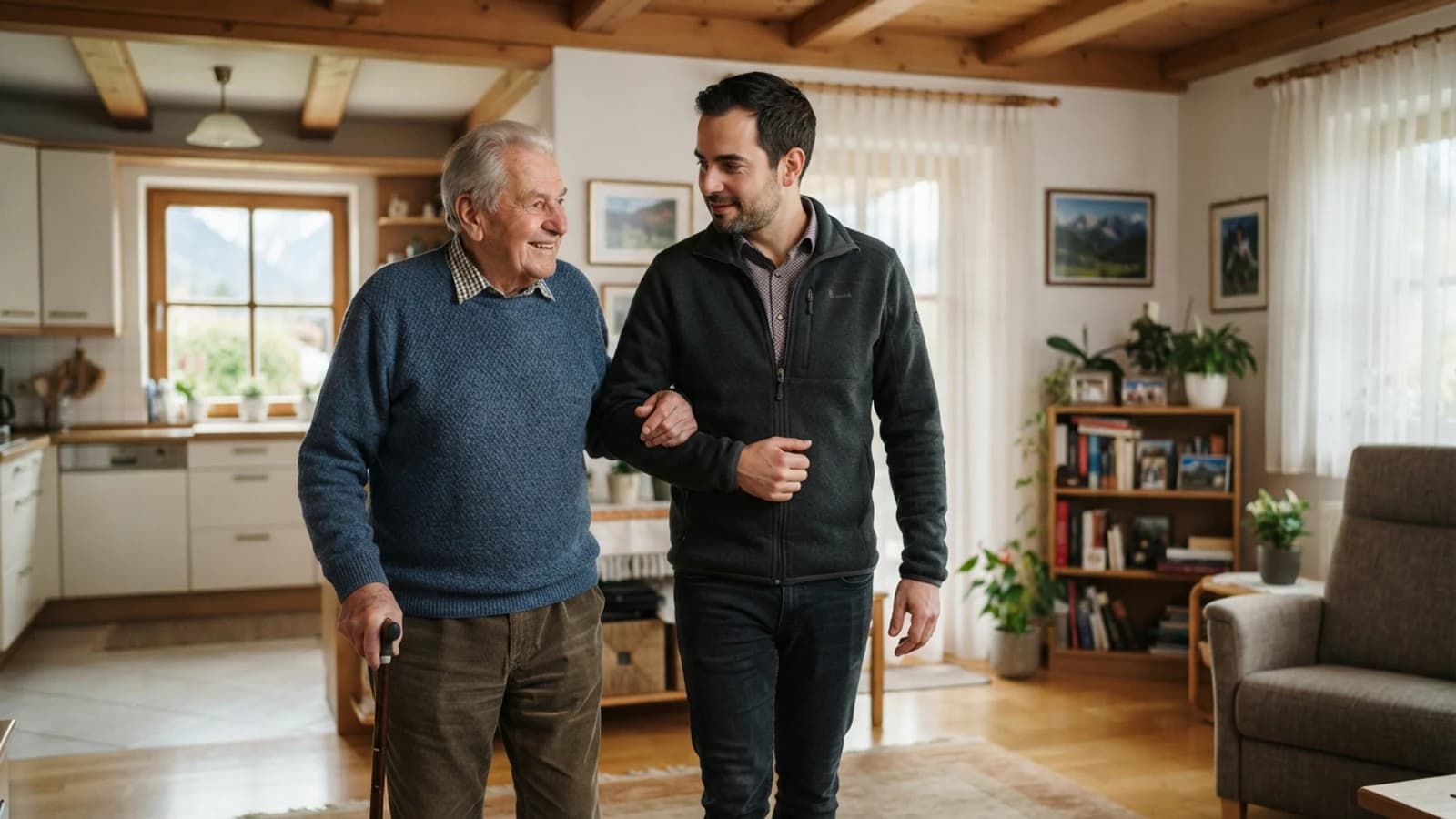 Symbolbild: Senior und Betreuer beim Gehen mit stützendem Arm in einer Wohnung in Hall in Tirol