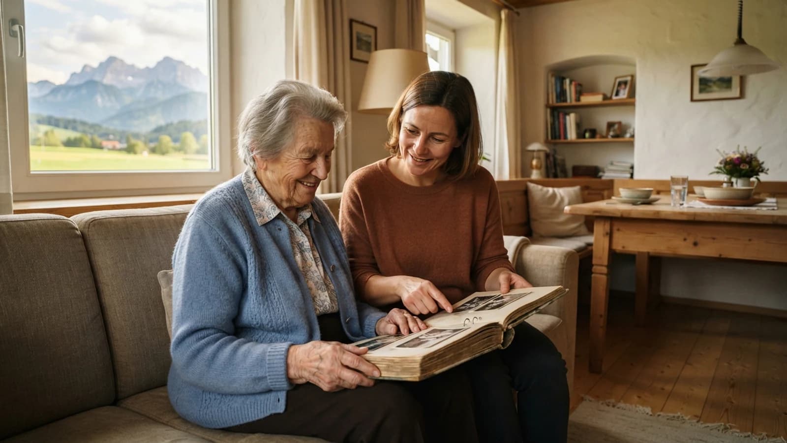 Symbolbild: Seniorin und Betreuerin beim Ansehen eines Fotoalbums in einer Wohnung in Hallein