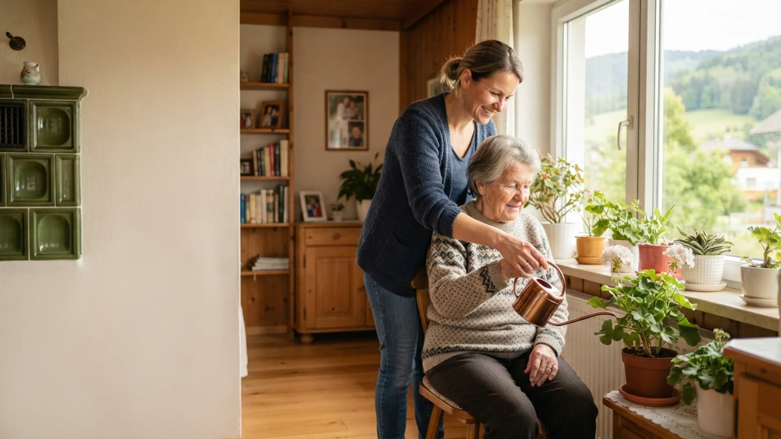 Symbolbild: Seniorin und Betreuerin beim Gießen von Zimmerpflanzen in einer Wohnung in Hartberg