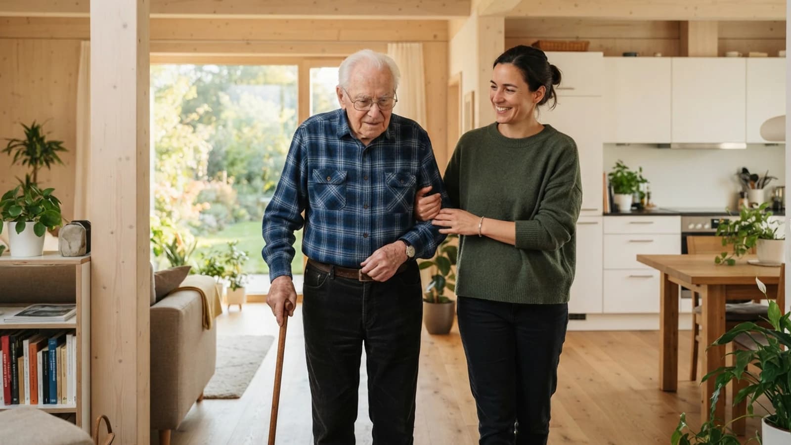 Symbolbild: Senior und Betreuerin beim Gehen mit stützendem Arm in einer Wohnung in Hohenems