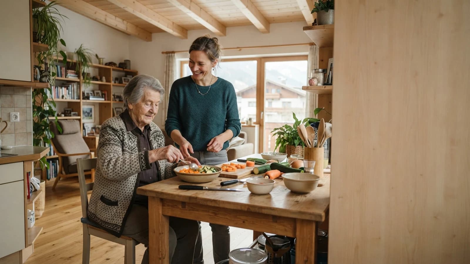 Symbolbild: Seniorin und Betreuerin beim gemeinsamen Kochen in einer Wohnung in Imst