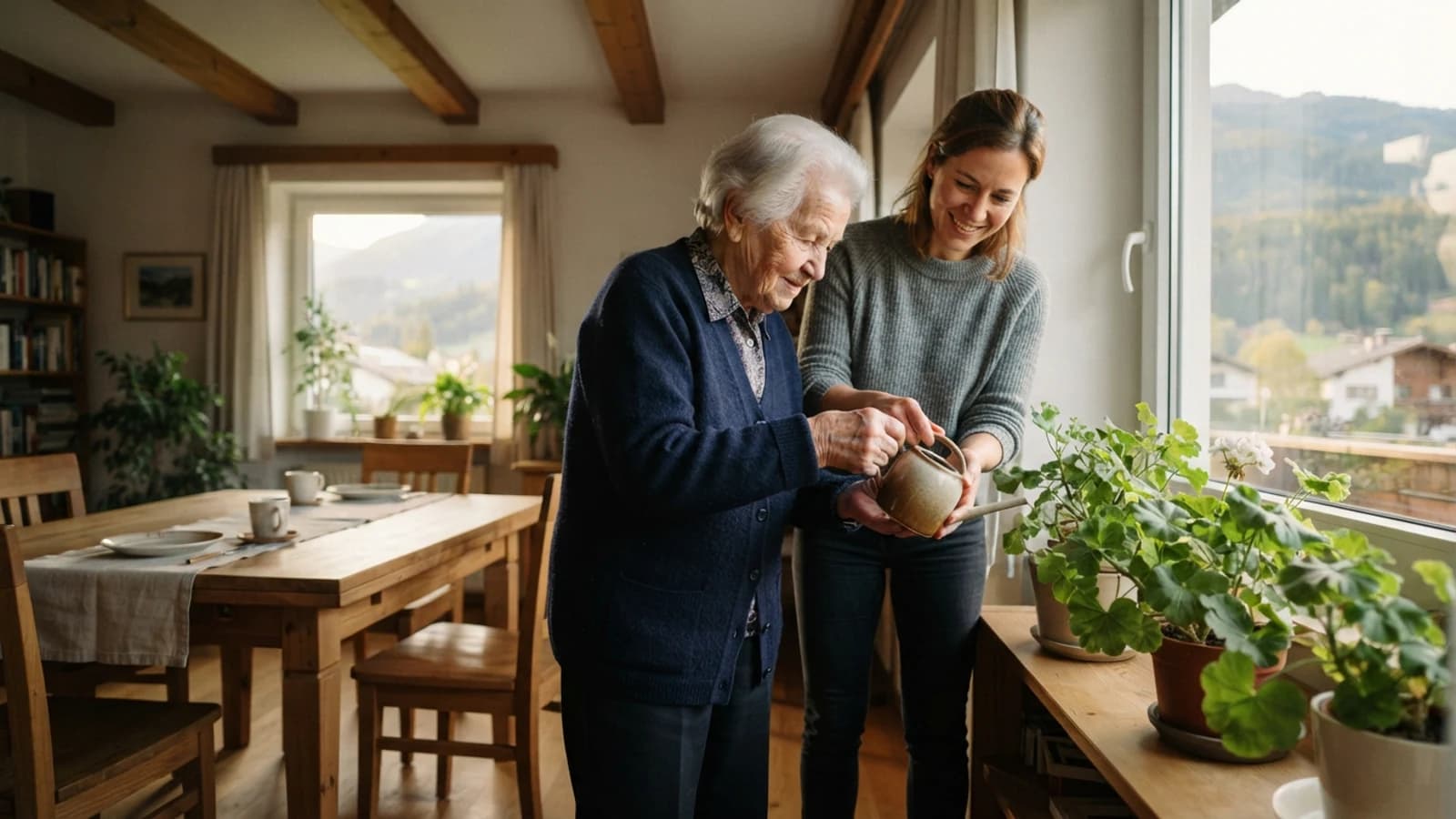 Symbolbild: Seniorin und Betreuerin beim Gießen von Zimmerpflanzen in einer Wohnung in Innsbruck