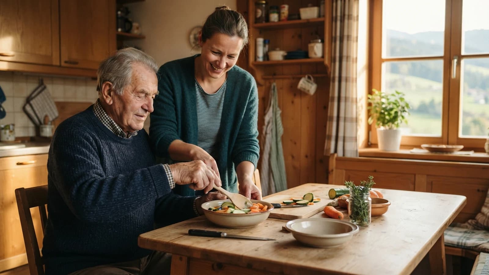 Symbolbild: Senior und Betreuerin beim gemeinsamen Kochen in einer Wohnung in Judenburg und im Murtal