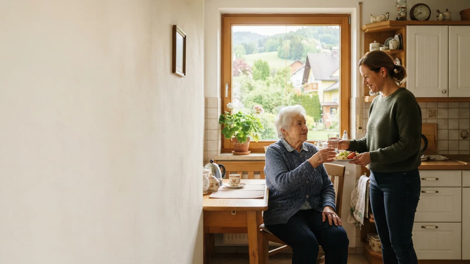 Symbolbild: Seniorin und Betreuerin am Fenster mit einem Glas Wasser in einer Wohnung in Kapfenberg