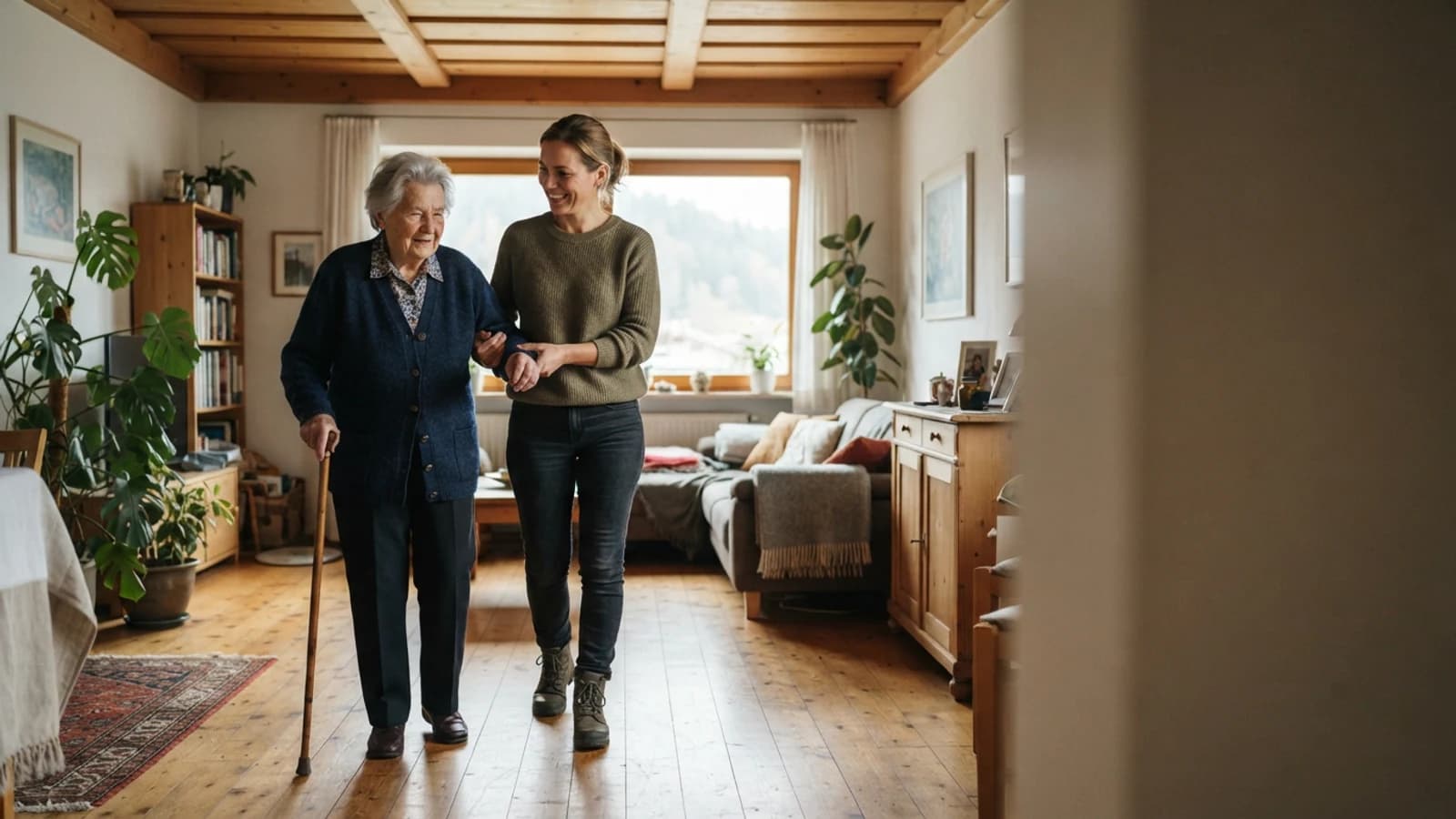 Symbolbild: Seniorin und Betreuerin beim Gehen mit stützendem Arm in einer Wohnung in Kitzbühel