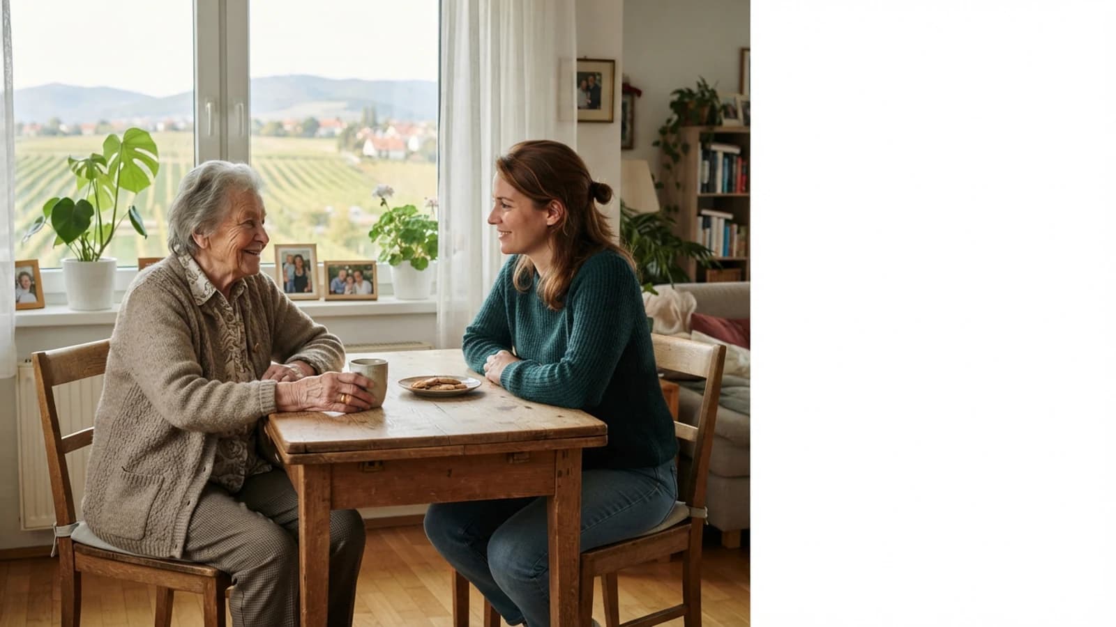 Symbolbild: Seniorin und Betreuerin im Gespräch bei einer Tasse Kaffee in einer Wohnung in Klosterneuburg