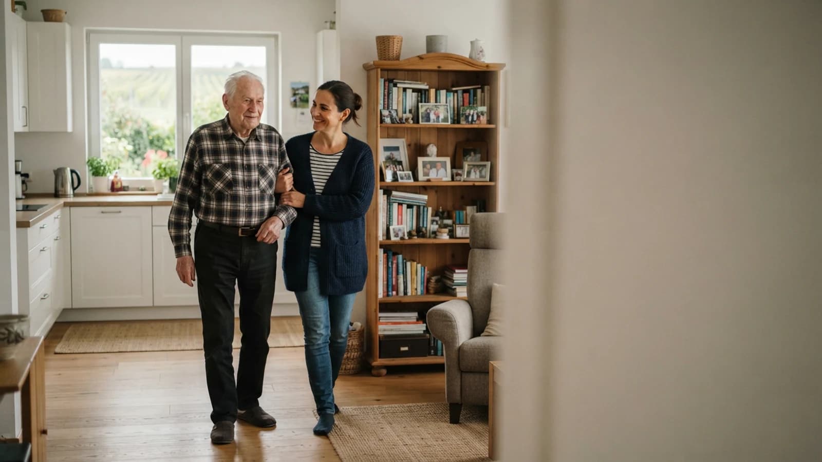 Symbolbild: Senior und Betreuerin beim Gehen mit stützendem Arm in einer Wohnung in Korneuburg