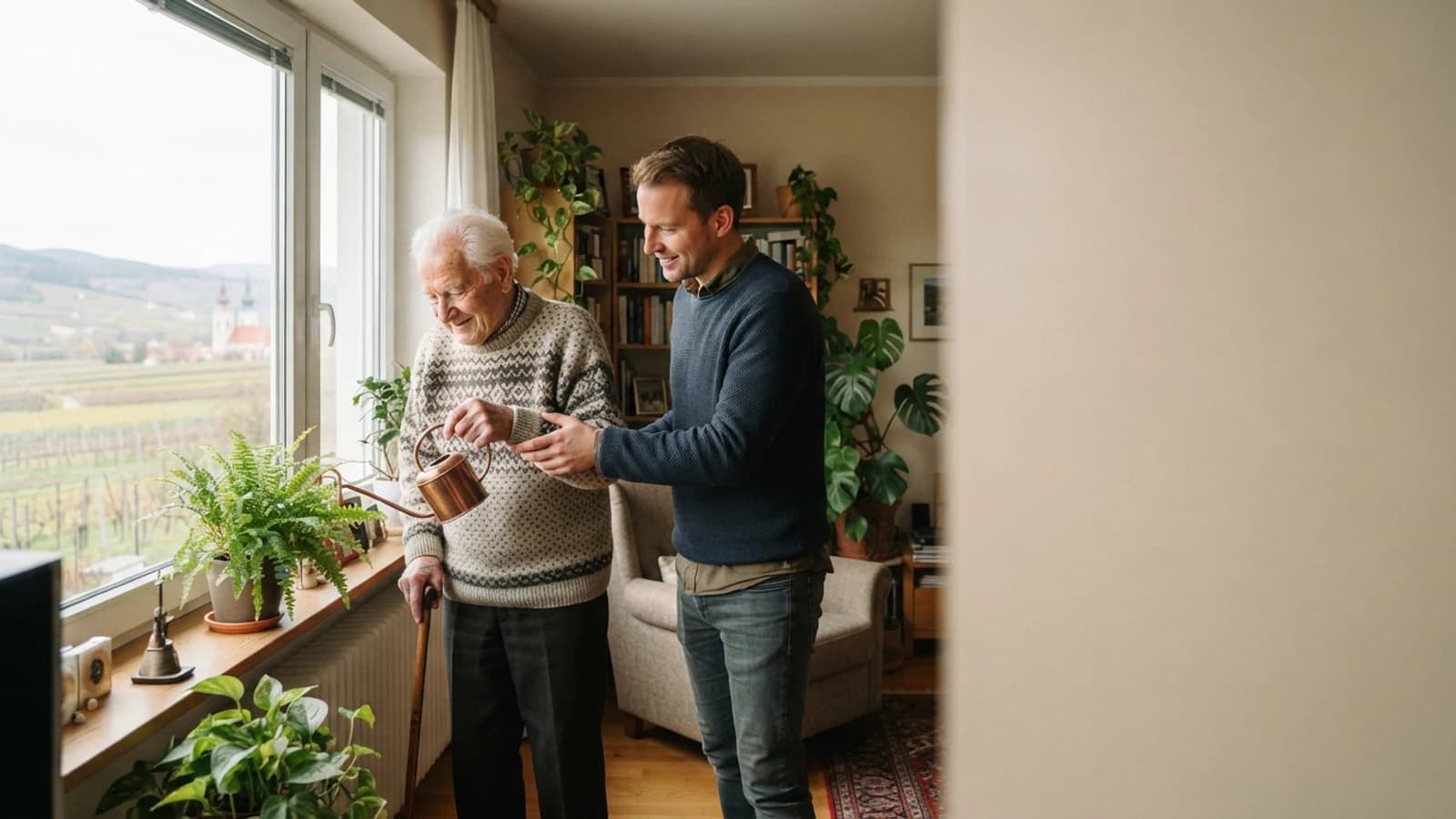 Symbolbild: Senior und Betreuer beim Gießen von Zimmerpflanzen in einer Wohnung in Krems an der Donau