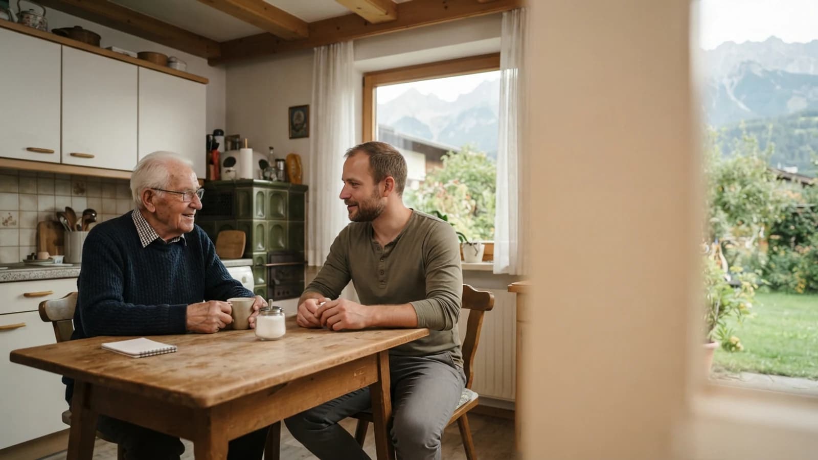Symbolbild: Senior und Betreuer im Gespräch bei einer Tasse Kaffee in einer Wohnung in Landeck