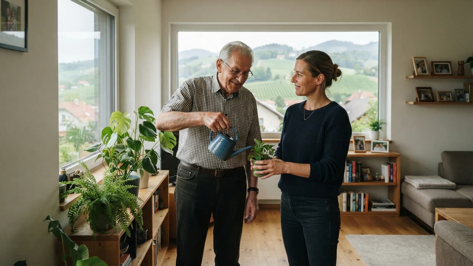 Symbolbild: Senior und Betreuerin beim Gießen von Zimmerpflanzen in einer Wohnung in Leibnitz
