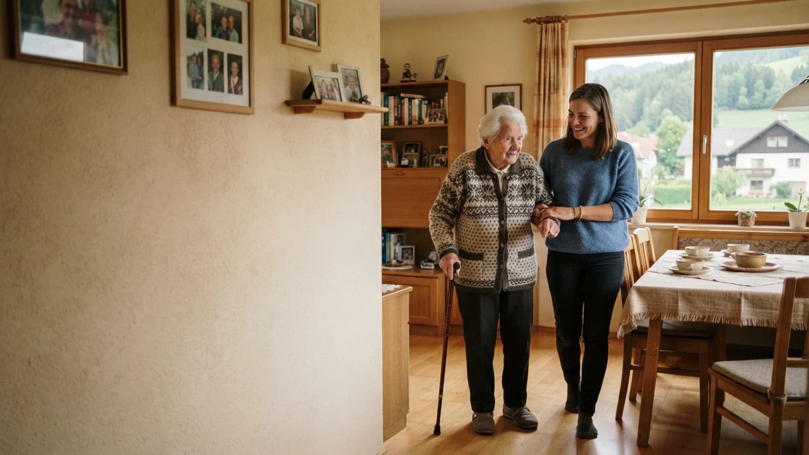 Symbolbild: Seniorin und Betreuerin beim Gehen mit stützendem Arm in einer Wohnung in Leoben