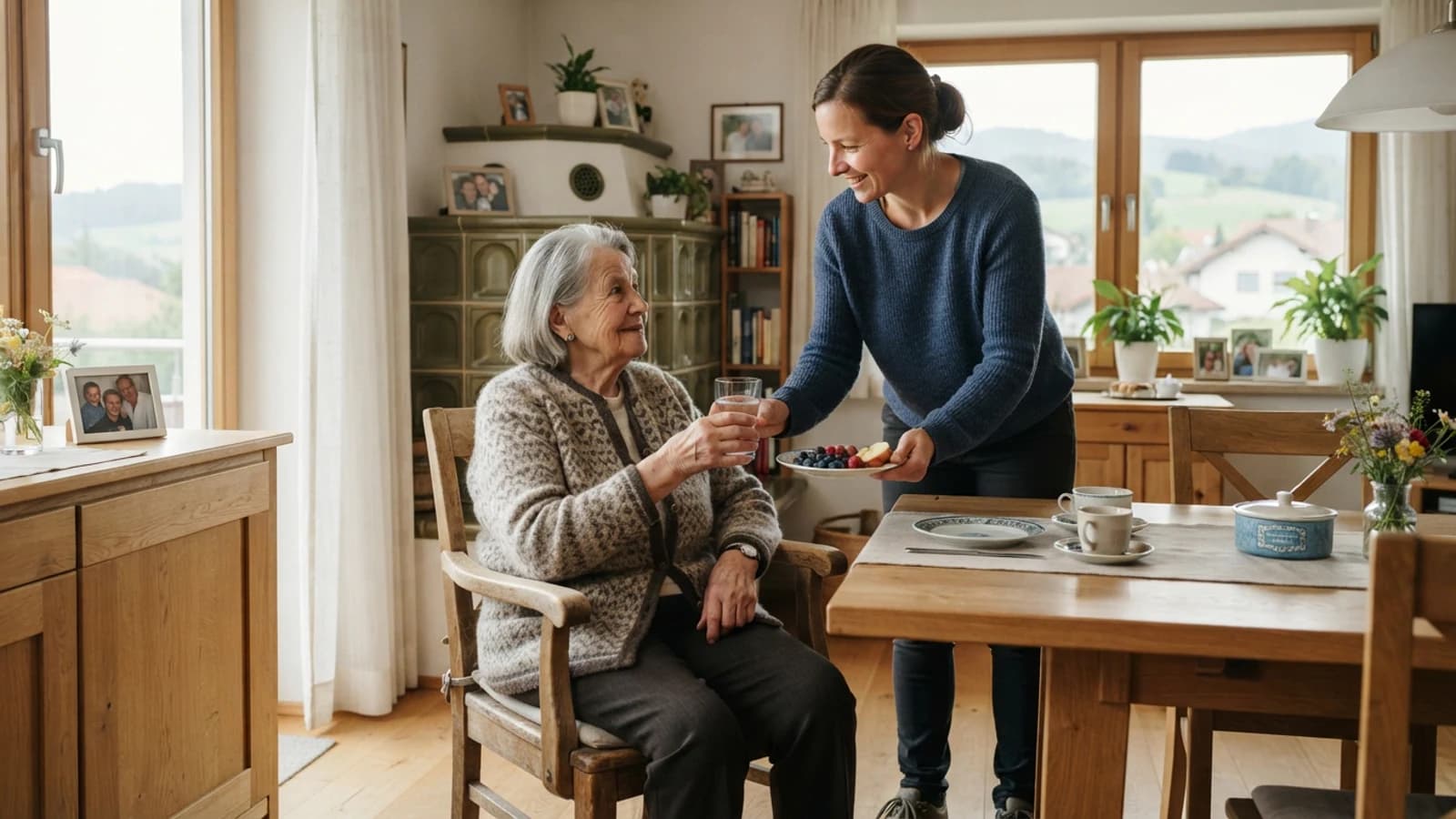 Symbolbild: Seniorin und Betreuerin am Fenster mit einem Glas Wasser in einer Wohnung in Leonding