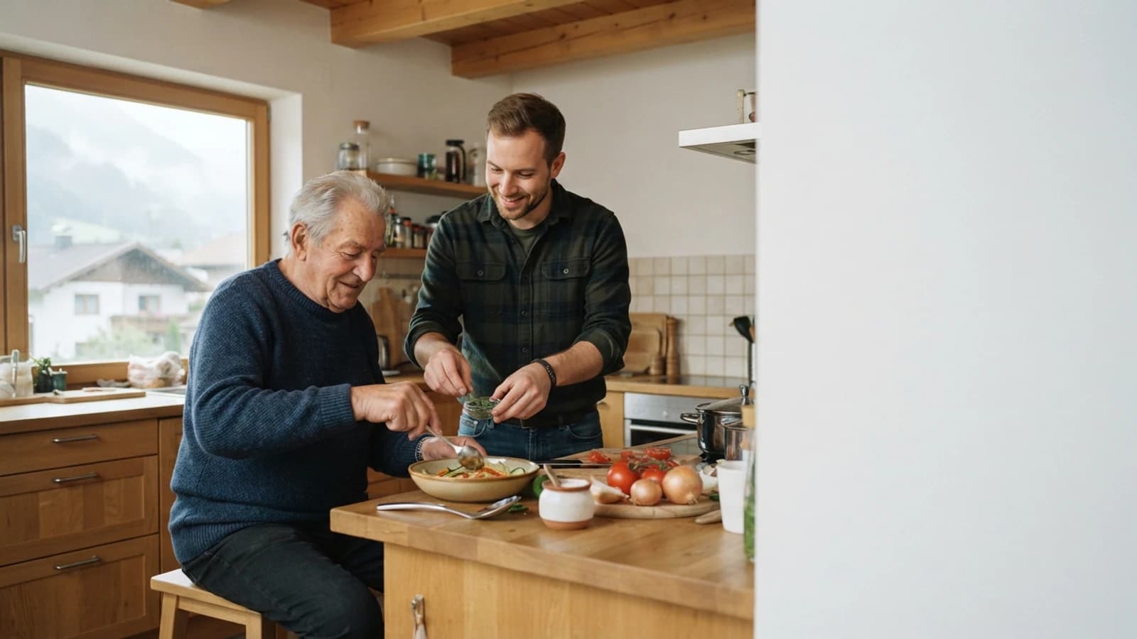 Symbolbild: Senior und Betreuer beim gemeinsamen Kochen in einer Wohnung in Lienz und Osttirol