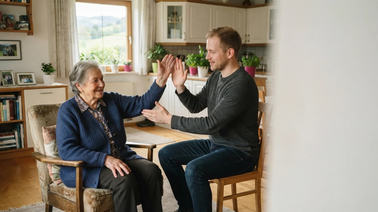 Symbolbild: Seniorin und Betreuer bei einer leichten Bewegungsübung in einer Wohnung in Liezen und im Ennstal