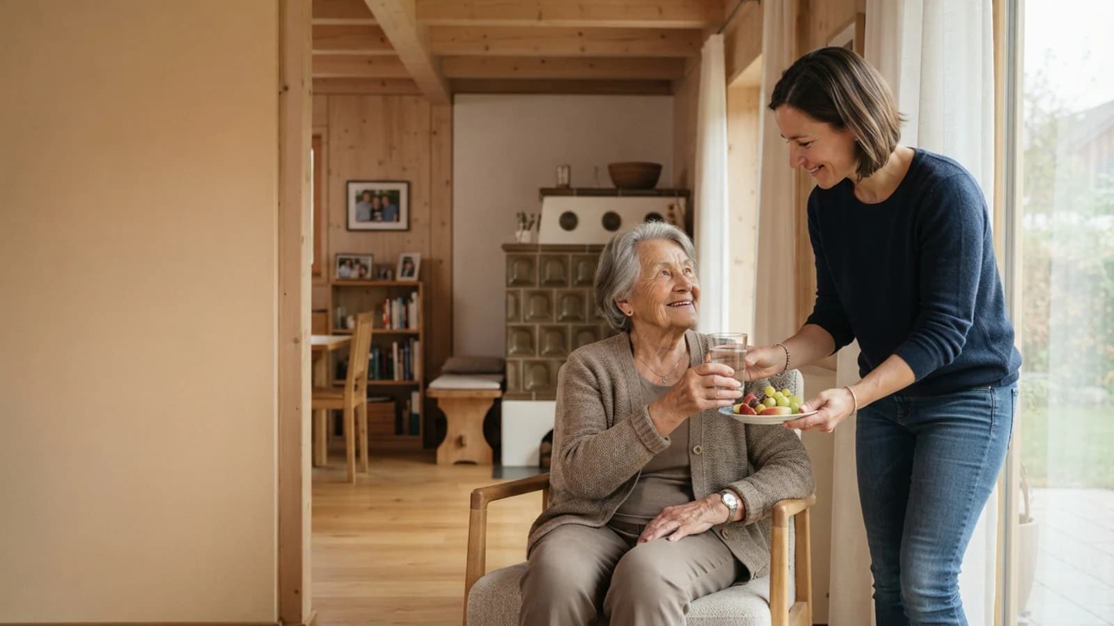 Symbolbild: Seniorin und Betreuerin am Fenster mit einem Glas Wasser in einer Wohnung in Lustenau