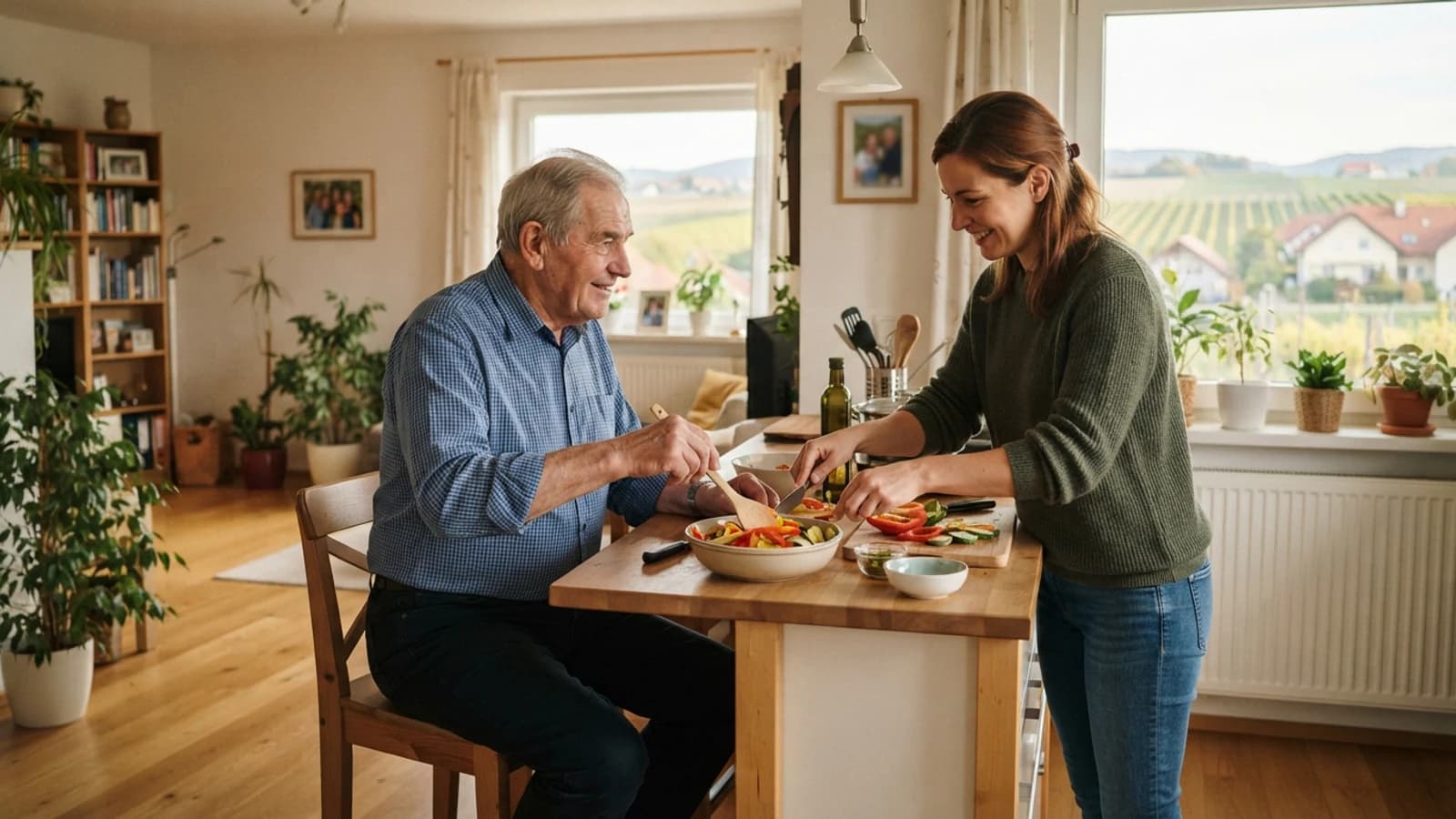 Symbolbild: Senior und Betreuerin beim gemeinsamen Kochen in einer Wohnung in Mistelbach