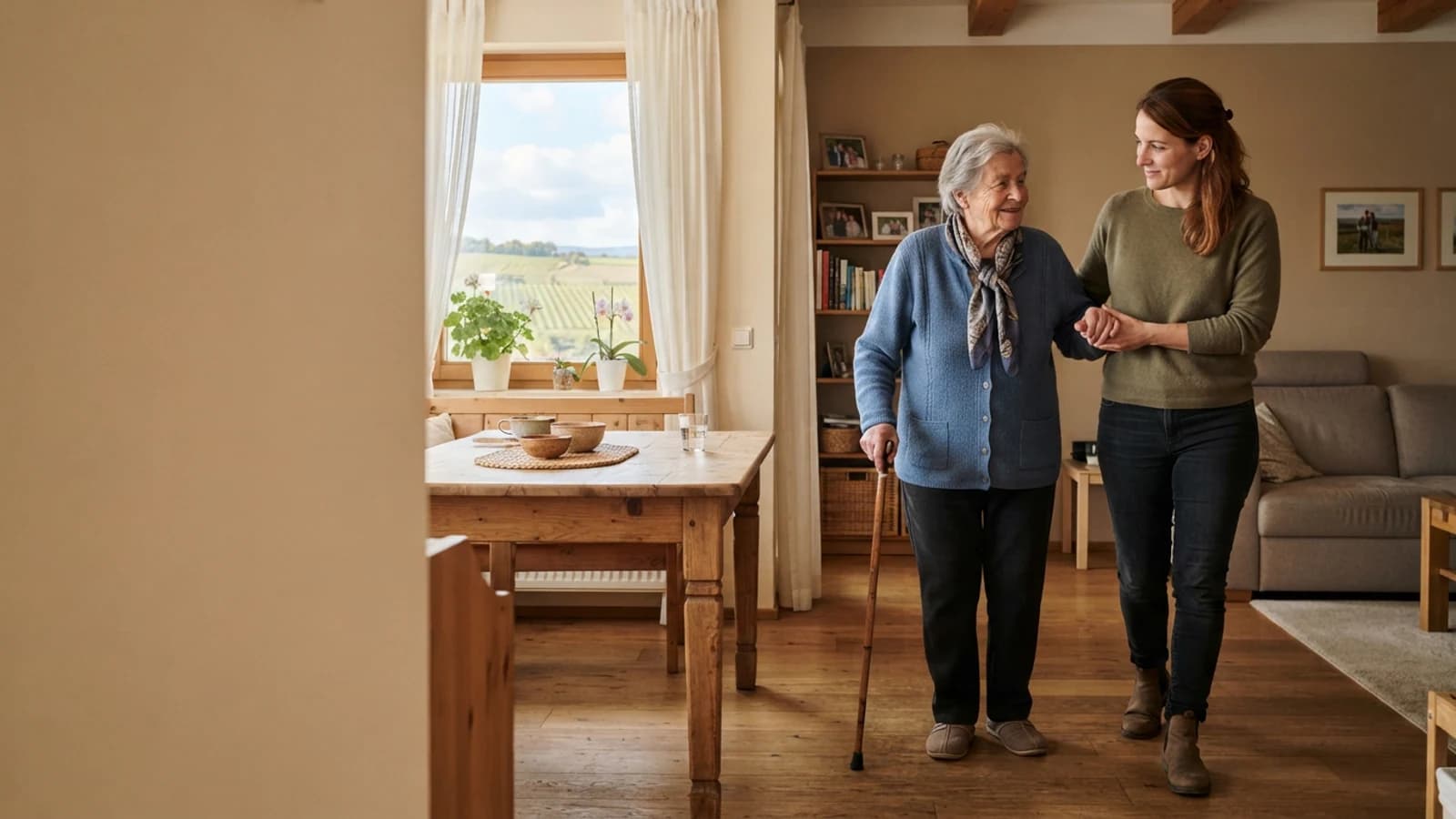 Symbolbild: Seniorin und Betreuerin beim Gehen mit stützendem Arm in einer Wohnung in Mödling