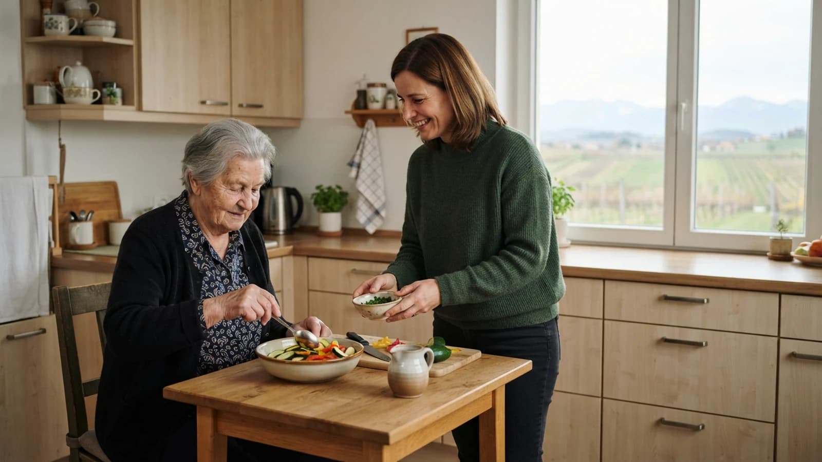 Symbolbild: Seniorin und Betreuerin beim gemeinsamen Kochen in einer Wohnung in Neunkirchen