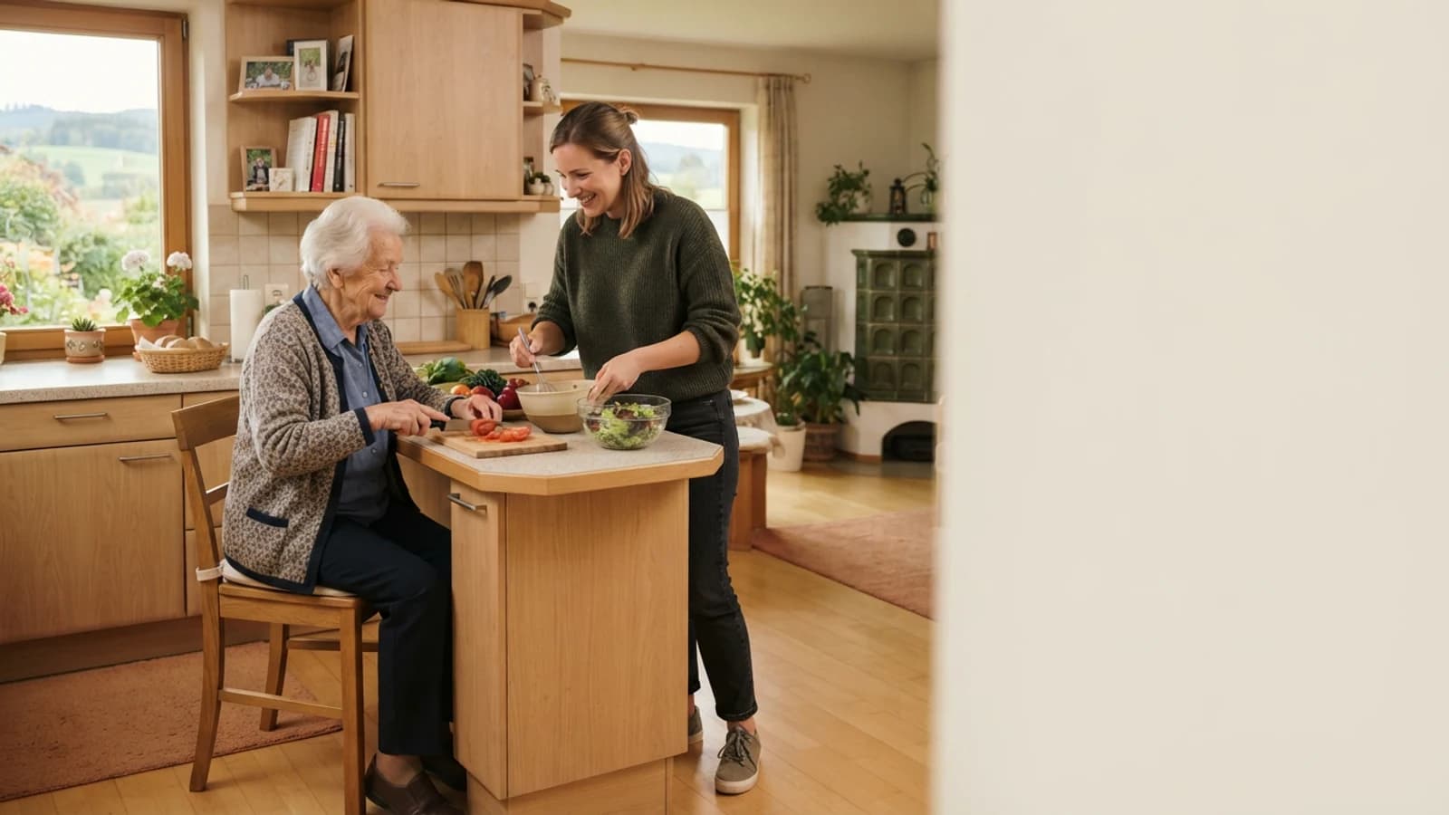 Symbolbild: Seniorin und Betreuerin beim gemeinsamen Kochen in einer Wohnung in Oberösterreich