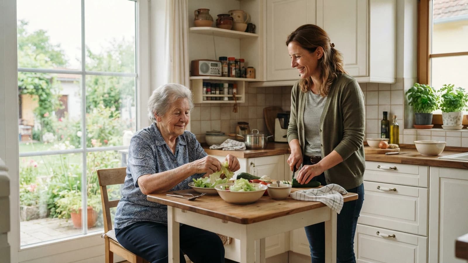 Symbolbild: Seniorin und Betreuerin beim gemeinsamen Kochen in einer Wohnung in Oberpullendorf