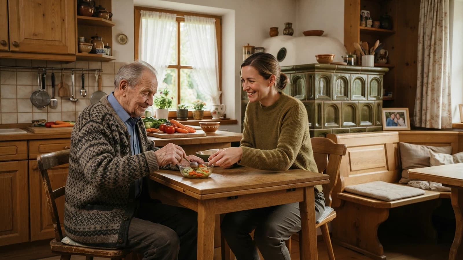 Symbolbild: Senior und Betreuerin beim gemeinsamen Kochen in einer Wohnung in Österreich