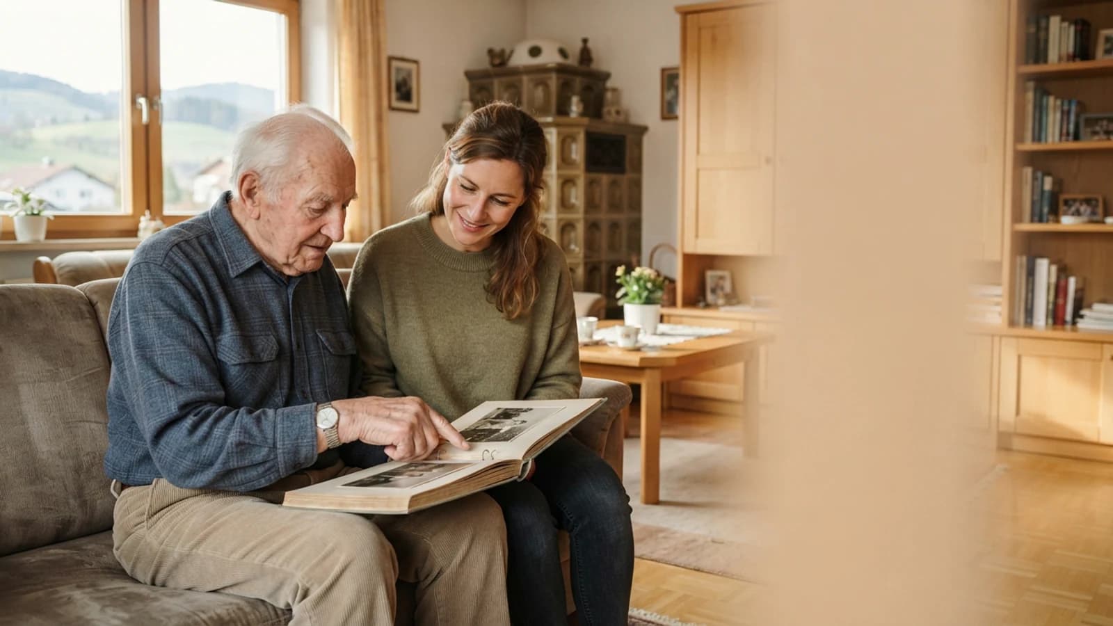 Symbolbild: Senior und Betreuerin beim Ansehen eines Fotoalbums in einer Wohnung in Perg