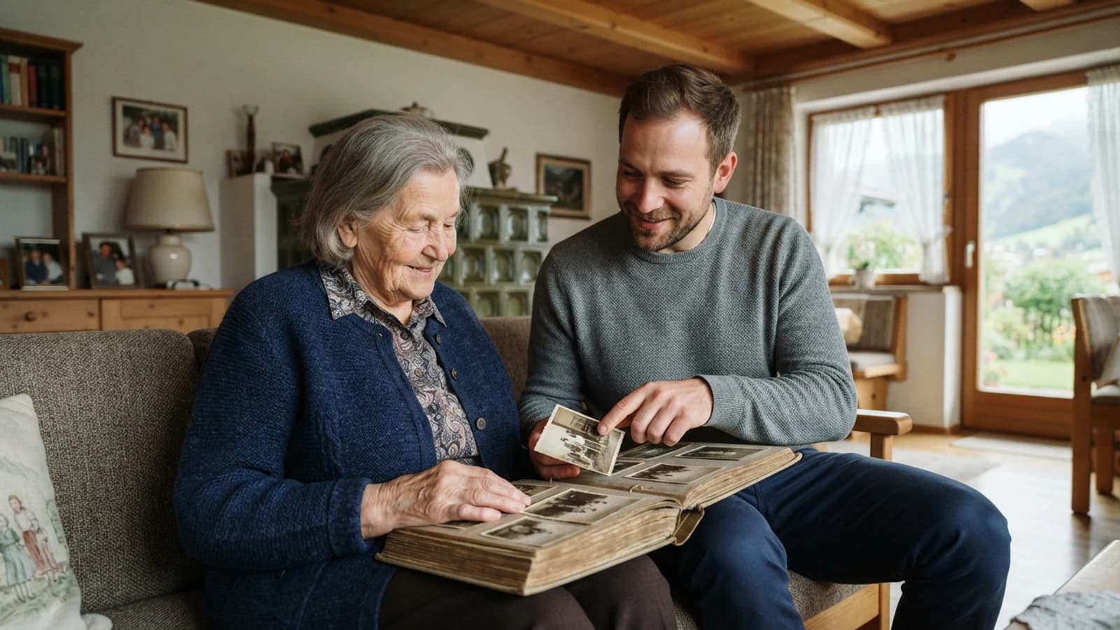 Symbolbild: Seniorin und Betreuer beim Ansehen eines Fotoalbums in einer Wohnung in Reutte und im Außerfern