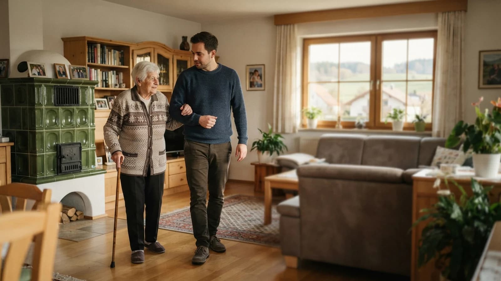 Symbolbild: Seniorin und Betreuer beim Gehen mit stützendem Arm in einer Wohnung in Ried im Innkreis
