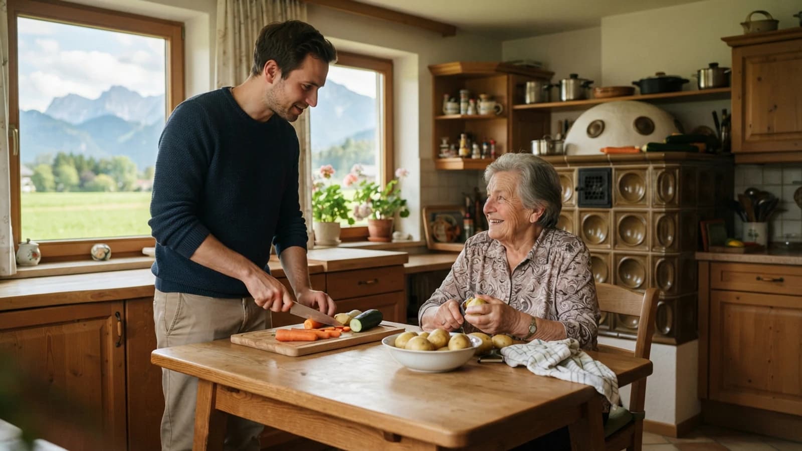 Symbolbild: Seniorin und Betreuer beim gemeinsamen Kochen in einer Wohnung in Saalfelden