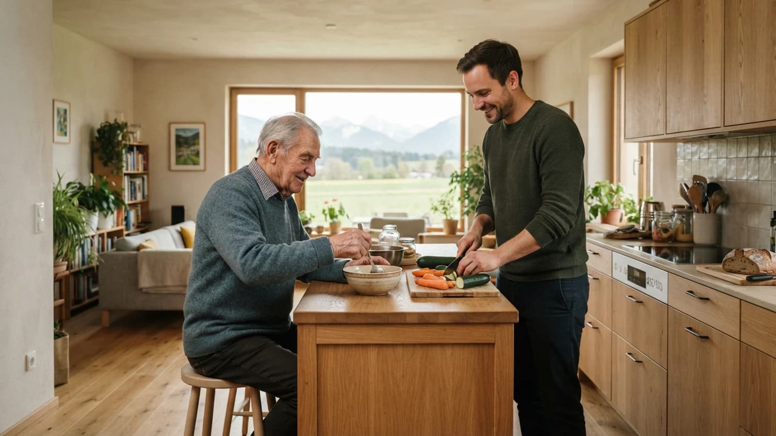 Symbolbild: Senior und Betreuer beim gemeinsamen Kochen in einer Wohnung im Bundesland Salzburg