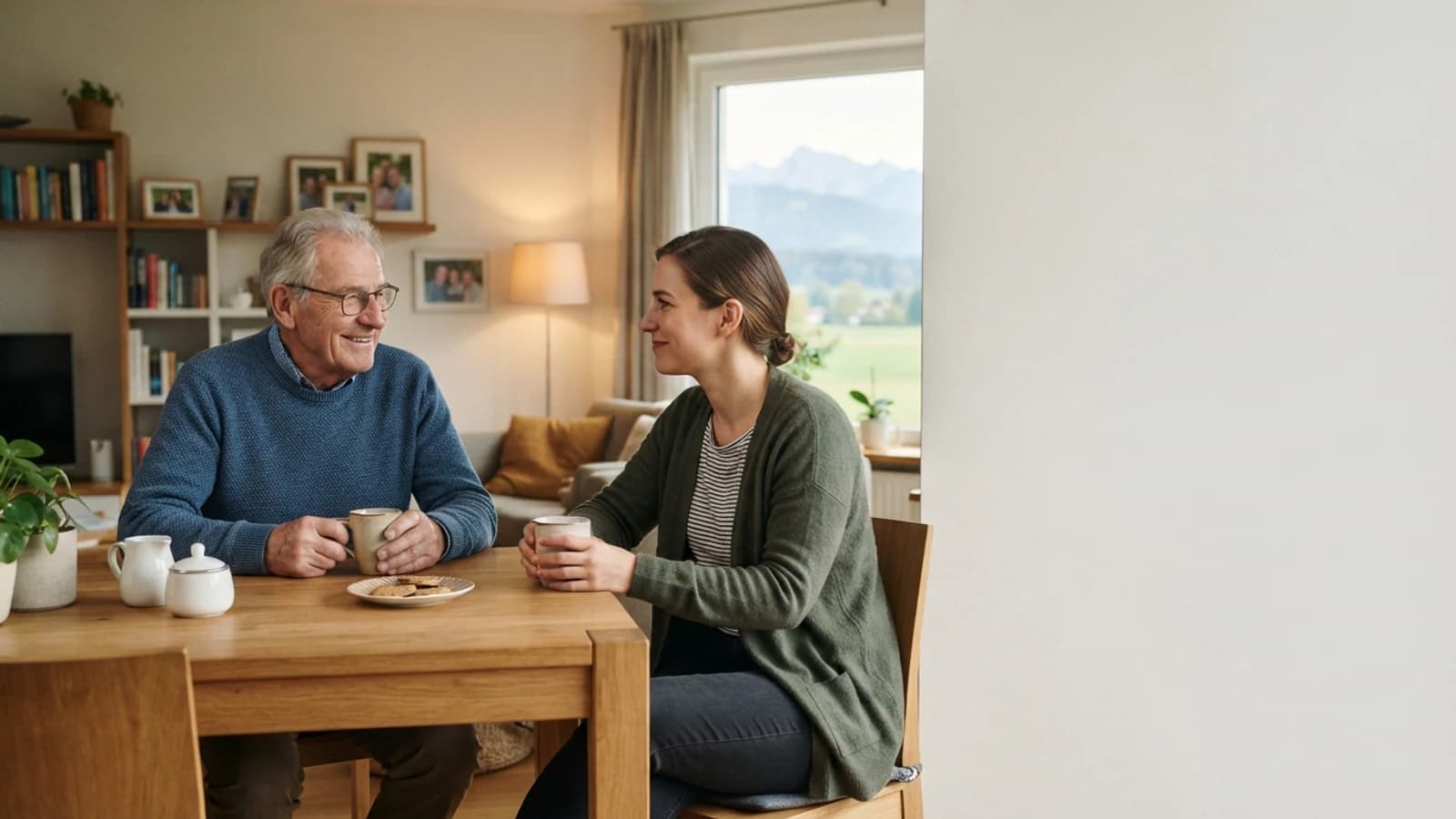 Symbolbild: Senior und Betreuerin im Gespräch bei einer Tasse Kaffee in einer Wohnung in der Stadt Salzburg
