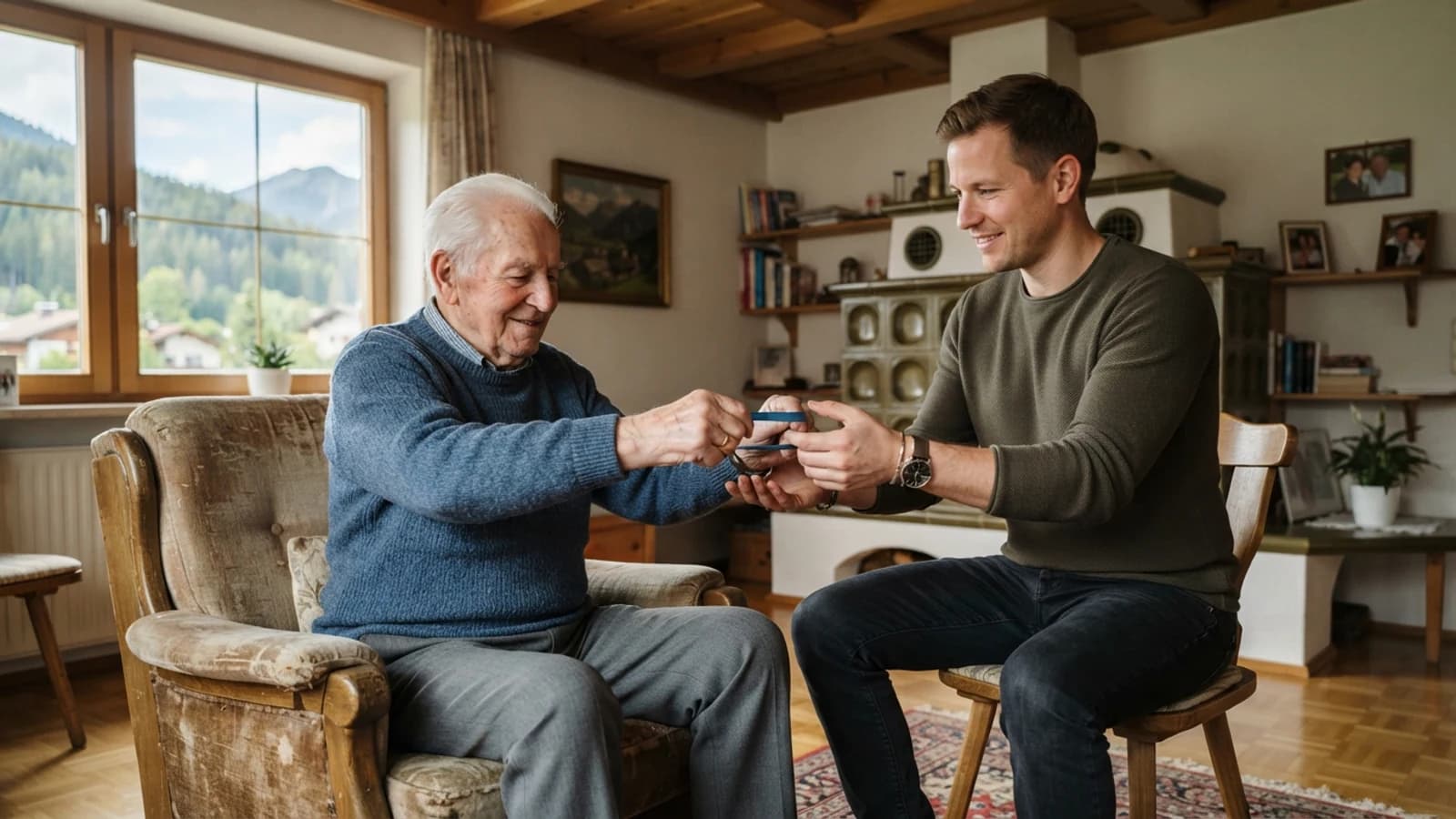 Symbolbild: Senior und Betreuer bei einer leichten Bewegungsübung in einer Wohnung in Schwaz