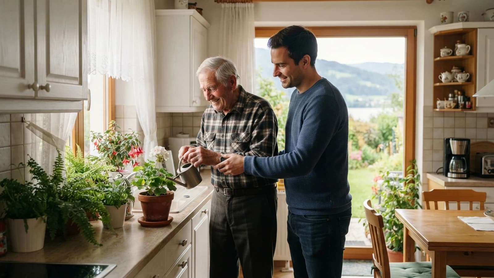 Symbolbild: Senior und Betreuer beim Gießen von Zimmerpflanzen in einer Wohnung in Spittal an der Drau
