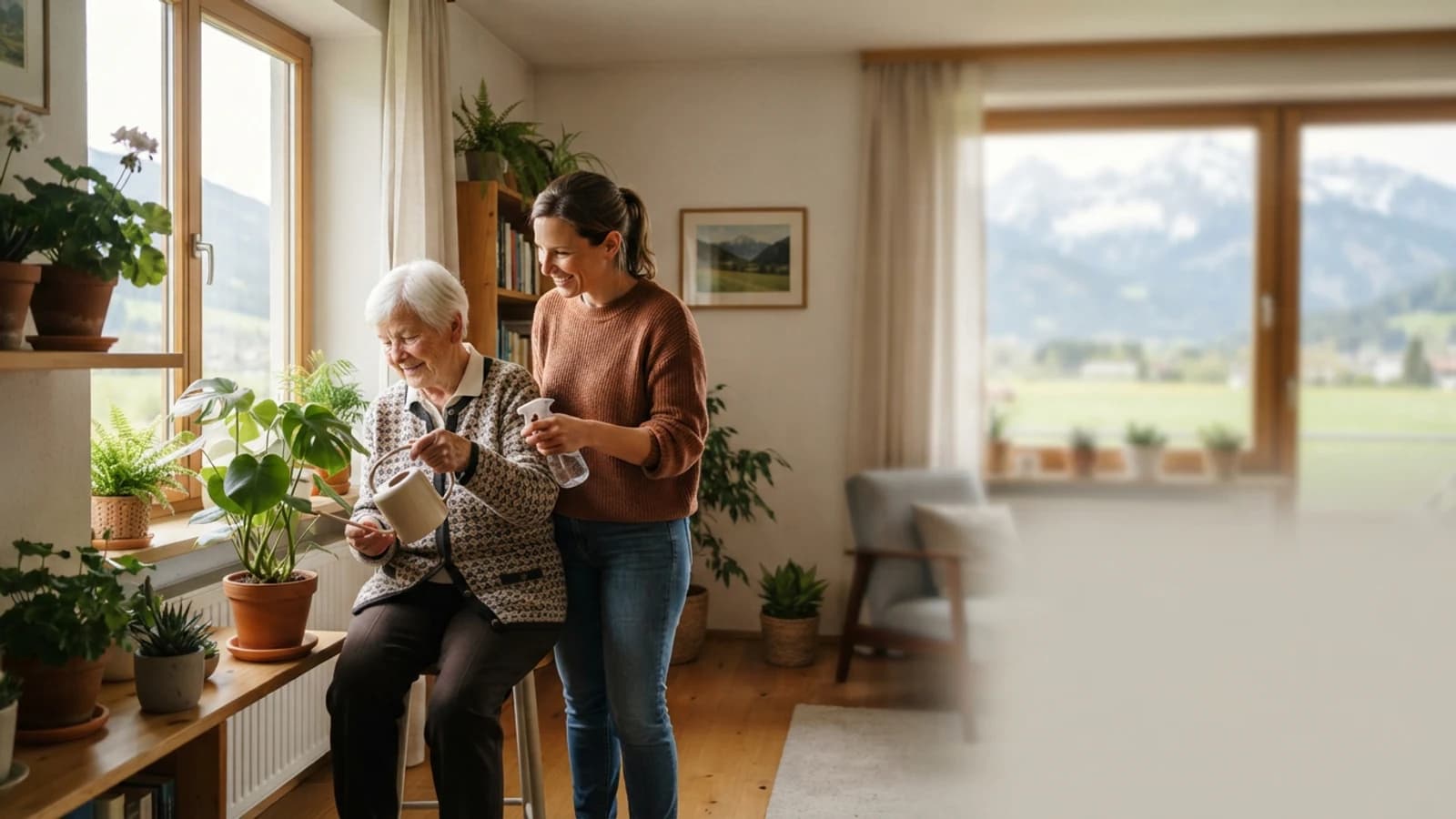 Symbolbild: Seniorin und Betreuerin beim Gießen von Zimmerpflanzen in einer Wohnung in St. Johann im Pongau