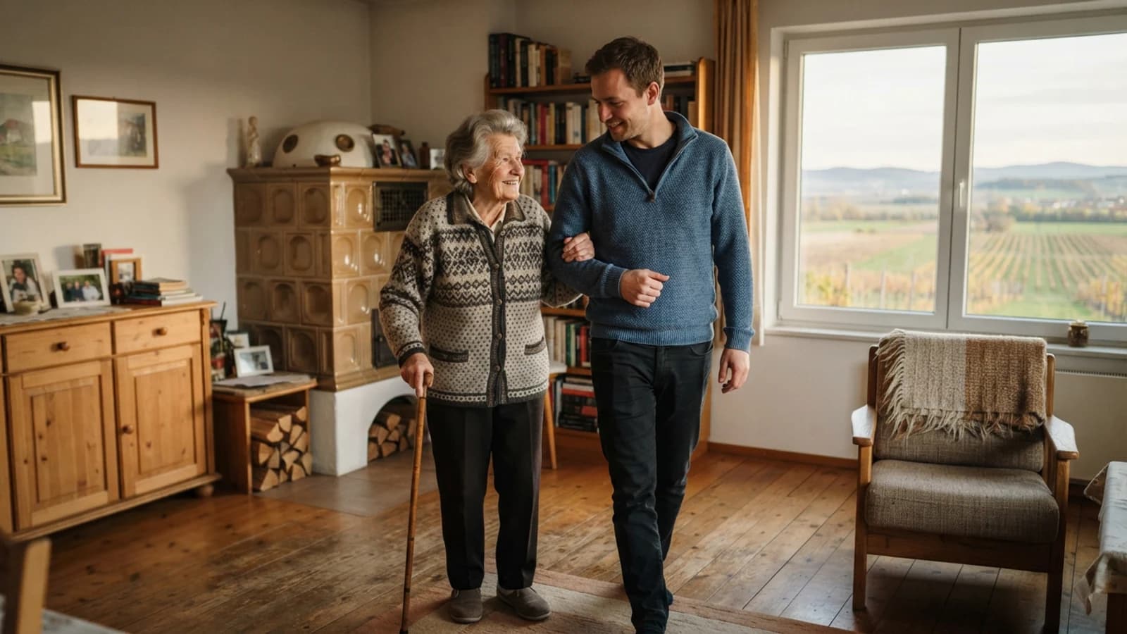 Symbolbild: Seniorin und Betreuer beim Gehen mit stützendem Arm in einer Wohnung in St. Pölten